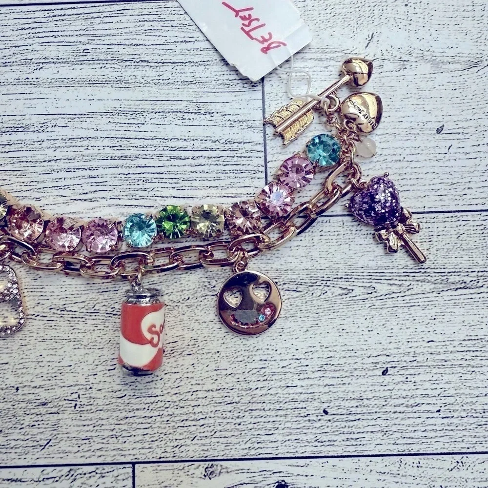 Betsey Johnson Gummy Bear Soda Smiley Face Arrow Rhinestone charm bracelet NEW